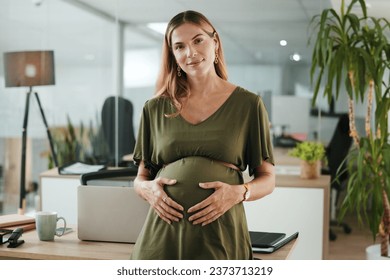 Portrait, belly and a pregnant business woman in her office at the start of her maternity leave from work. Company, career and pregnancy with a happy young employee in the workplace for motherhood