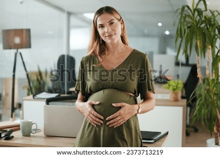 Portrait, belly and a pregnant business woman in her office at the start of her maternity leave from work. Company, career and pregnancy with a happy young employee in the workplace for motherhood