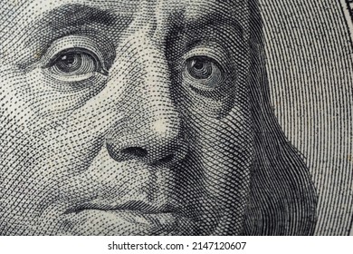 Portrait Of Ben Franklin On The US 100 Dollar Bill In Macro. Benjamin Franklin On Hundred Dollar American Banknote.