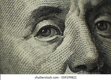 Portrait Of Ben Franklin On The US $100 Dollar Bill In Macro