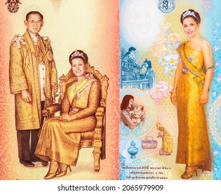 The portrait of H.M. King Bhumibol Adulyadej and the portrait of H.M. Queen Sirikit The Queen Mother in Thai Sivalai with tiara. Portrait from - Banknotes. 