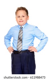 Portrait Of A Big Confident Boy Wearing Classic Shirt And Tie. School Uniform. Education. Isolated Over White Background.