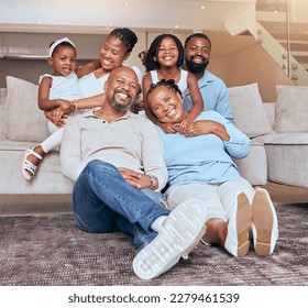 Portrait, big family and african american people bonding with love, care and affection in a family home. Generations, grandmother and grandfather with children and parents at home while relaxing - Powered by Shutterstock