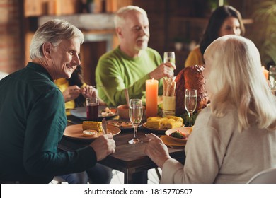 Portrait Of Big Family Thanks Giving Feast Stuffed Turkey Served Dinner Sit Table Chatting Meeting House Living Room Indoors