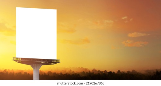 Portrait Billboard White Blank For Outdoor Advertising At Sunset Sky.