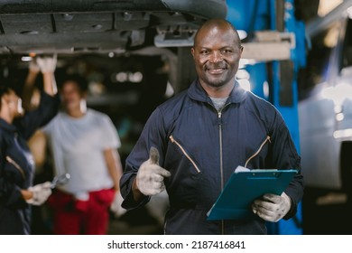 Portrait Black African Mechanic Garage Worker Check Auto Service Team Staff Smart Standing Happy Smile