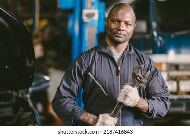 Portrait Black African Mechanic Garage Worker Check Auto Service Team Staff Smart Standing Confident