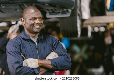 Portrait Black African Mechanic Garage Worker Check Auto Service Team Staff Smart Standing Happy Smile