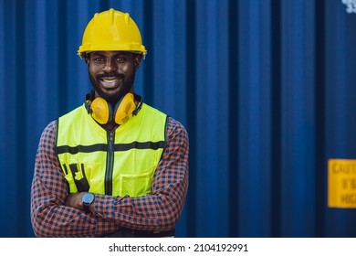 Portrait Black African Staff Worker Happy Smile Working In Cargo Shipping Logistic Port.