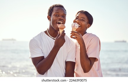 Portrait, black couple and ice cream on beach, love and bonding together on vacation. Romance, man and woman with cold desserts, seaside holiday and loving for relationship, break or weekend to relax - Powered by Shutterstock