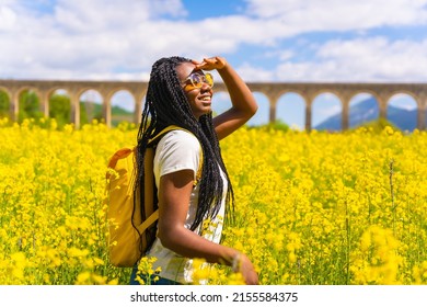 Portrait Of A Black Ethnic Girl With Braids Looking At The Sun, Sunglasses, Traveler, In A Field Of Yellow Flowers