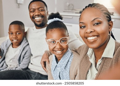 Portrait, black family and selfie with hug on sofa for weekend bonding, photography or social media post of childhood. Happy, people and kids with embrace for profile picture update, memory and house - Powered by Shutterstock