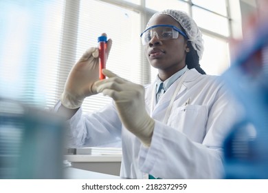 Portrait Of Black Female Scientist Holding Test Tube While Doing Experiments In Medical Lab