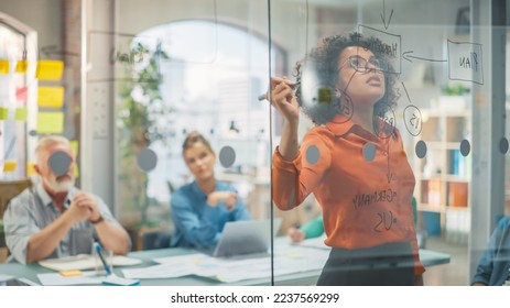 Portrait of Black Female Specialist Writing on Glass Board and Brainstorming with Team in a Stylish Meeting Room in Creative Office. Team of Multi-Ethnic Professionals Building Marketing Strategy - Powered by Shutterstock