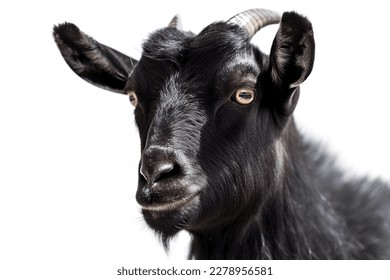 Portrait of a black goat with big eyes on a white background.