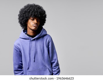 Portrait Of Black Man In Blue Hoodie With Afro Hair