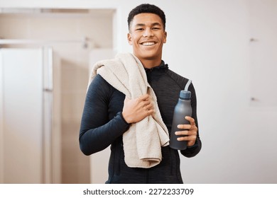 Portrait, black man and bottle in locker room of gym for rest, cleaning towel and shower after exercise. Happy sports guy, athlete and break after workout, training and wellness in fitness bathroom - Powered by Shutterstock