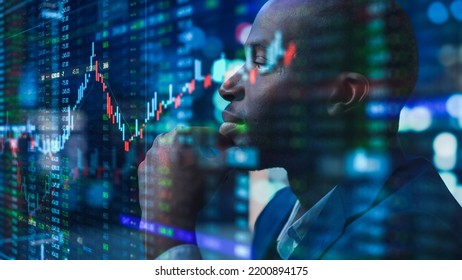 Portrait Of Black Stock Market Trader Doing Analysis Of Investment Charts, Graphs, Ticker Numbers Projected On His Face. African American Financial Analyst, Entrepreneur Successfully Trading