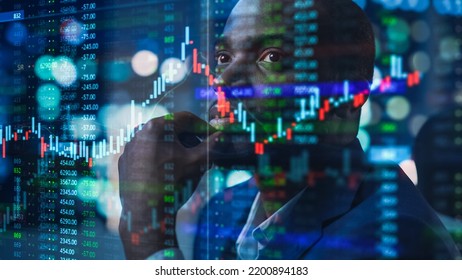 Portrait Of Black Stock Market Trader Doing Analysis Of Investment Charts, Graphs, Ticker Numbers Projected On His Face. African American Financial Analyst, Digital Entrepreneur Successfully Trading