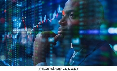 Portrait Of Black Stock Market Trader Doing Analysis Of Investment Charts, Graphs, Ticker Numbers Projected On Face. African American Financial Analyst, Digital Entrepreneur Successfully Trading