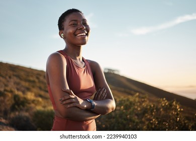 Portrait, black woman and arms crossed outdoor, exercise or fitness for wellness, health or smile. Nigerian female, girl and athlete rest, nature and workout for training, sports or practice to relax - Powered by Shutterstock