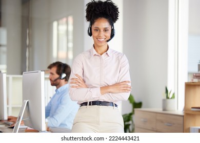 Portrait Of Black Woman, Call Center And Customer Service Employee Working In Office Of Remote Online Telemarketing Business. Proud Crm Consultant, Female Digital Support And Telecommunication Worker