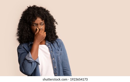 Portrait Of Black Woman Closing Nose With Fingers, Feeling Unpleasant Scent, African American Lady Suffering From Stench, Smelly Sweaty Person Bring Discomfort, Looking At Copy Space, Panorama