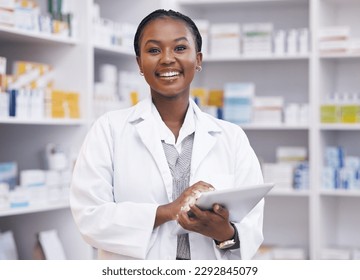 Portrait of black woman in pharmacy with tablet, smile and online inventory list for medicine on shelf. Happy female pharmacist, digital checklist and medical professional checking stock in store. - Powered by Shutterstock