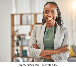 Portrait, black woman and smile with arms crossed in office for confidence, corporate pride and professional lawyer in Nigeria. Happy african female advocate working in company, law firm and business - Shutterstock ID 2329488115