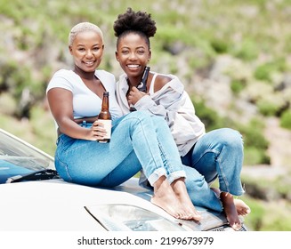 Portrait, black women or friends with beer on a road trip in nature on a drive, vacation or holiday. Adventure, happy African girls and a smile while drinking refreshing alcohol, cider or liquor. - Powered by Shutterstock