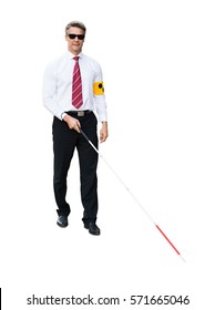 Portrait Of A Blind Man Wearing Yellow Arm Band And White Stick On White Background