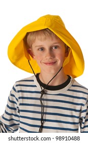 Portrait Of Blond Boy With Yellow Rubber Rain Hat