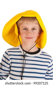 Portrait Of Blond Boy With Yellow Rubber Rain Hat