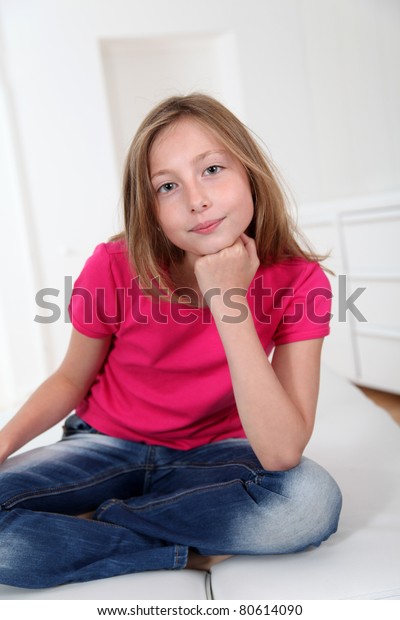 Portrait Blond Girl Crosslegged On Sofa Stock Photo 80614090 | Shutterstock