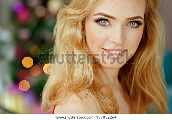 Portrait Blond Sensual Blueeyed Girl Freckles Stock Photo Edit