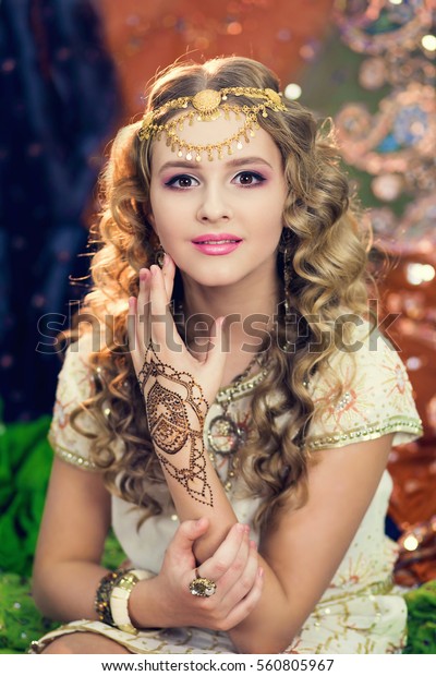 Portrait Blonde Girl White Indian Dress Stock Photo Edit Now