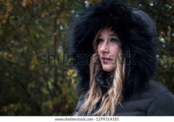 Portrait Blonde Woman Autumn Patch Hood Stock Photo Edit Now