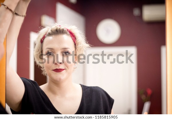 Portrait Blonde Woman Short Hair Pinup Stock Photo Edit Now