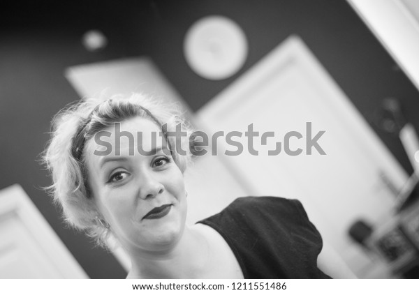 Portrait Blonde Woman Short Hair Pinup Stock Photo Edit Now