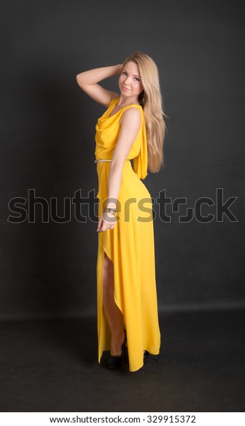 Portrait Blonde Yellow Dress Stock Photo Edit Now 329915372