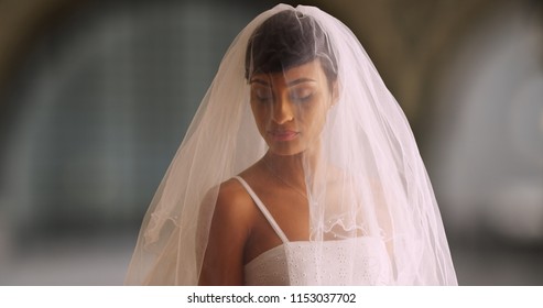Portrait of blushing bride in wedding dress and veil
