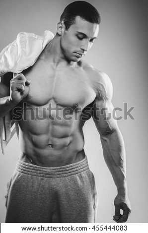 Portrait of a bodybuilder topless in the studio