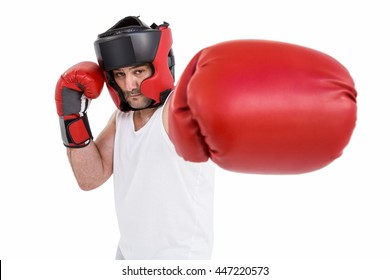 Portrait of boxer wearing head protector and gloves isolated on white background - Powered by Shutterstock