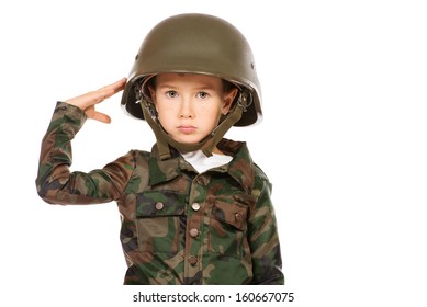 Portrait Of A Boy Dressed Like A Soldier. Different Occupations. Isolated Over White.