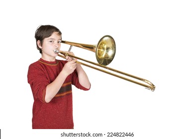 portrait of a boy playing the trombone