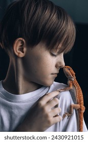 Portrait of boy with Red bearded Agama iguana. Little child playing with reptile. Selective focus. High quality photo