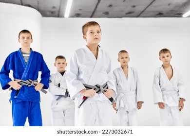 Portrait of boys, children in kimono. judo, jiu-jitsu athletes posing with serious facial expression. Concept of martial arts, combat sport, sport education, childhood, hobby - Powered by Shutterstock