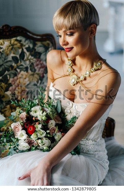 Portrait Bride Short Hair Big Bouquet Stock Photo Edit Now