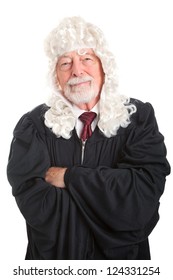 Portrait Of A British Style Judge With Wig.  Isolated On White.