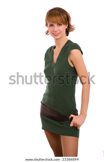 Portrait Brunette Dark Green Dress On Stock Photo (Edit Now) 23386894